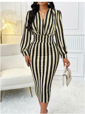 Women's dress striped print V-neck long-sleeved elegant dress