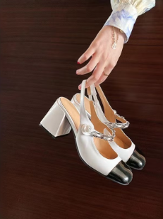 Women'S Shoes 2025 Spring New Style Chanel Style Single-Layer Shoes Women'S Shallow Mouth Square-Toe Mary Jane Color-Block Patent Leather Coarse Heel Pumps