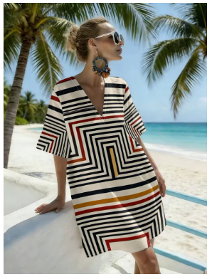 Women'S Regular Size American Geometric Contrast Stripes V-Neck Beach Dress