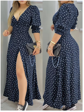 Summer New Commuter Versatile Navy Blue Polka Dot Dress