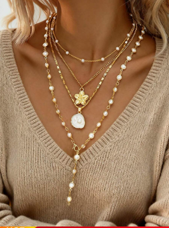 7-4pcs Vintage Elegant Fashion Hip Hop Retro Coin Rhinestone Bling Bling Colorful Crystal Rhinestone Portrait Cross Flower Sun Heart Faux Pearl Tassel Long Necklace Set, Personalized Exaggerated Unique Multi-Piece Layered Y-Necklace Choker Sweater Chain S