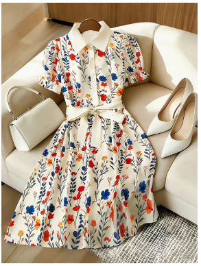 Elegant Printed Dress for Women, Puff Sleeve Collar Dress for Women