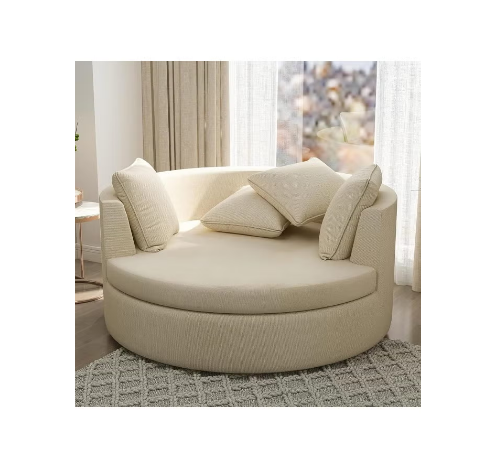 Modern Round Lounge Fabric Sofa Chair â€“ Solid Wood Frame, Indoor/Outdoor Use (Beige)