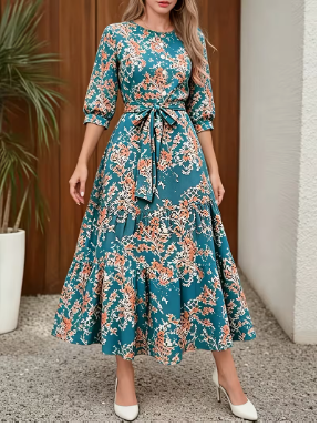 Elegant Casual Daily Office Street Round Neck Three-Quarter Sleeve Spring Autumn Dress