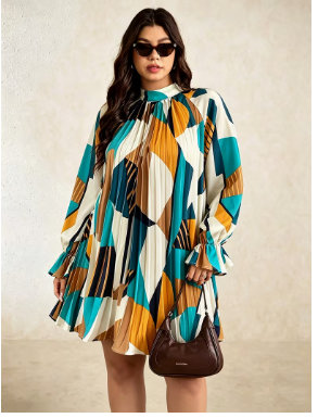 Plus Size - Women'S Plus Size Geometric Print Pleated Dress