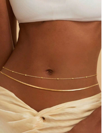 14K Gold Plated Women's Waist Chain, Layered Waist Belt Chain Waist Bead Chain Waterproof Snake Cuban Body Chain Women's Jewelry Accessories