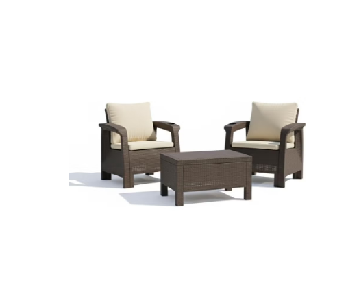 2-Seater Outdoor Sofa Set – Dark Brown Plastic Chairs with Beige Back and Seat Cushions & Coffee Table, Weather-Resistant Patio & Balcony Furniture with Built-In Cup Holders