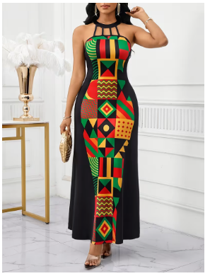A Long Dress with a Fitted Waist, Featuring a Geometric Pattern, Cut-Out Details, And a Flowing Hem