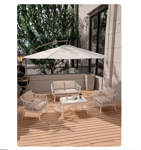 4-Piece Outdoor Sofa Set for Garden, Patio, Balcony & Villa – Heat & UV Resistant, Durable Fiberglass Plastic Seating, Modern White Steel Frame, Beige Cushions – 2 Chairs, Loveseat & Coffee Table