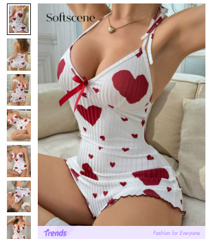 Softscene Women's Deep V-Neck Backless Heart Print Bodysuit Sleepwear