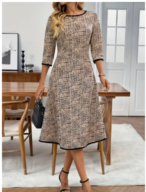 Women'S Round Neck Color Block Drawstring Mid-Sleeve Dress
