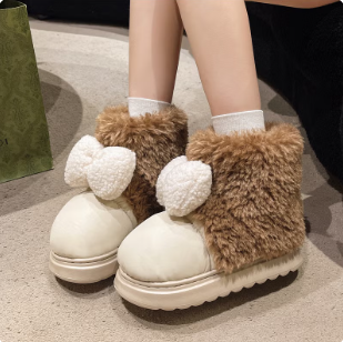 Thick Bottom Heel Cotton Slippers Women'S Outer Wear Home Pu Leather Slippers Winter Fleece-Lined Warm High-Top Cotton Shoes