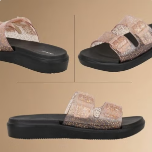 TRASE Women Slip-on Slippers | Stylish Glitter Double Strap | Comfortable Flats For Home And Outdoor Use, Beach Slippers (Black Golden, 6 Uk)