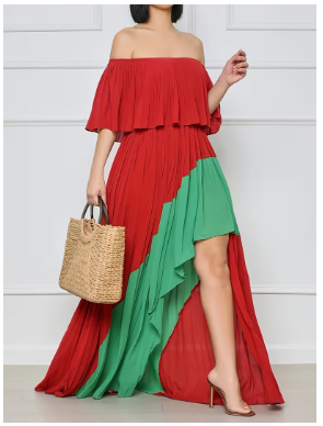Women's Casual Vacation Off-the-Shoulder Chiffon Split Color-Block Pleated A-Line Dress