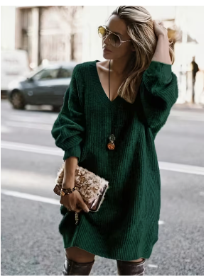 Women's V-Neck Sweater Dress - Soft Oversized Straight-Cut Dress