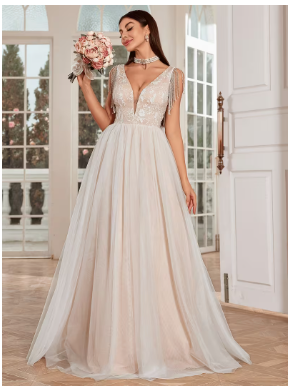 Elegant Deep V-Neck Lace Wedding Dress with Full-Length Train