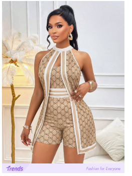 AIJ Early Autumn/Summer Khaki Chain Print Halter Neck Jumpsuit,