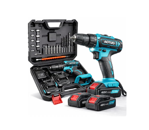 48V cordless drill, two lithium-ion batteries and fast charger, 3/8 inch drill bit set, adjustable clutch, LED work light, variable speed drill, 256 lbs torque, 24 accessories.