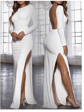 White Long-Sleeve Backless Slit Mermaid Dress for Women