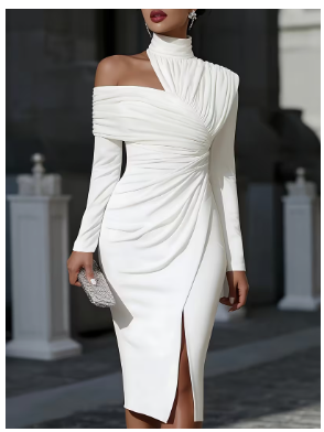 Sexy High-Neck Off-the-Shoulder Pleated Long-Sleeve Women's Holiday Party Dress