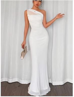 White One-Shoulder Mesh Mermaid Evening Gown, Slim-Fit, Banquet Party Dress