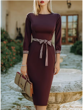 Women' Elegant Slim-Fit Long Sleeve Evening Dress with Belt - Fitted Wedding Gown