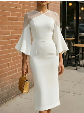 Women's Elegant White V-Neck Bell Sleeve Midi Dress 