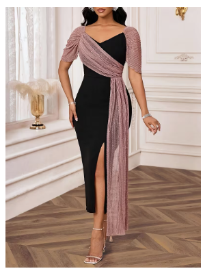 GXYY Women's Elegant Off-Shoulder Backless Bodycon Dress with Sequin Waist Cinching & Slit