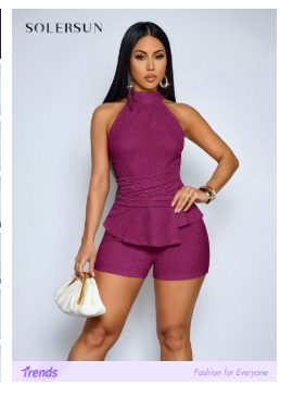 SOLERSUN Purple Summer Chic Halter Neck Jumpsuit, Night Out Beach Resort Style,Elegant Cinched High Waist Short Design,Sophisticated Old-Money Aesthetic