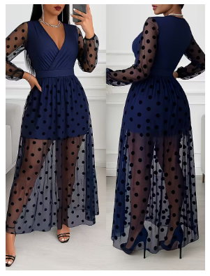 Elegant Cross Neckline Sheer Mesh Dress with -Line Silhouette & Polka Dot - Semi-Sheer Panel Suitable for - Wear, Cross Collarbone Collar Dress