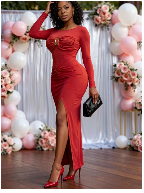 Women'S Red Elastic Long-Sleeved Slim-Fitting Long Dress