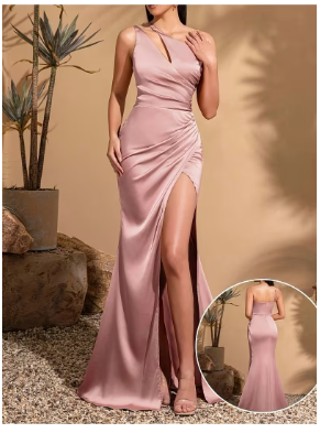 Women's Sexy Romantic Pink Asymmetrical Slit Evening Gown, Light Luxury Socialite Style, Exuding Elegant Charm at Dinner Parties. Elegant and Fashionable Women's Party Dress, Ladies' Formal Evening Gown | High-End Wedding Long Dress 