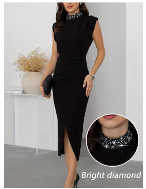 Women's Elegant Sleeveless Mermaid Dress with Rhinestone Waist & Sli