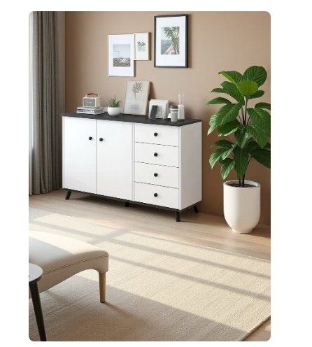Multi-Functional Storage Cabinet,Modern Chest of Drawers,Dresser,White Buffet Sideboard Cabinet Coffee Stand,with 4 Drawers and 2 Doors for Household Items and Kitchenware Dresser, Buffet Sideboard for Living Room, Dining Room and Bedroom(GLC104)