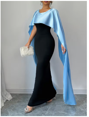 2026 New Women's Elegant Light Luxury Two-Tone Satin Cape Sleeve Long Black and Blue Contrast Color Temperament Slim Fit Formal Evening Gown, The Most Classic Dress