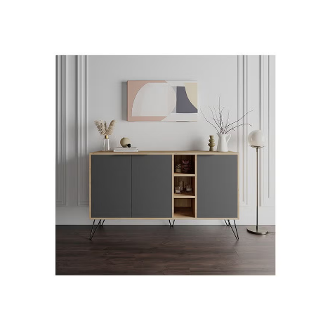 Clara Console Modern Sideboard With 3 Doors And 3 Shelves Storage Cabinet For Living Room Office Dining Room Kitchen Hallway 35.6X83X142 Cm Oak/Dark Grey- 2 Years Warranty