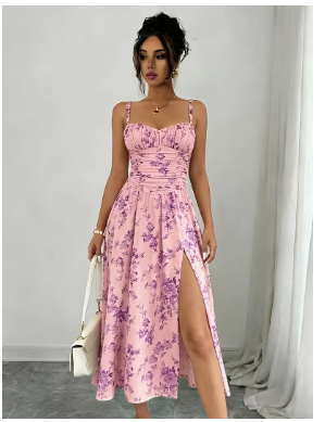 legant Printed Bohemian-style High-slit Zipper Dress for Women, Suitable for Weddings, dress