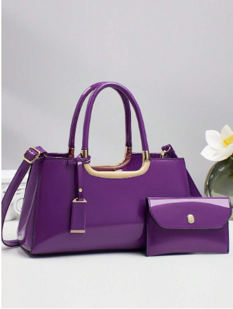 Women's 2pcs Patent Leather Bag Set, Shoulder Bag, Handbag And Crossbody Bag For Shopping And Outings