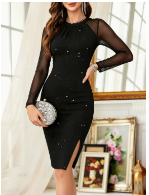Women'S Dress, Elegant Solid Color Long-Sleeve Fitted Evening Gown with Mesh Paneling