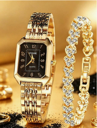 2pcs/Set Women's Black & Gold Luxury Accessory Set, Black Dial Square Steel Strap Quartz Watch With Matching Rhinestone Bracelet, Vintage Elegant, Perfect Birthday, Valentine's Day Or Graduation Gift For Girlfriend, Best Friend, Exudes Sophistication And 