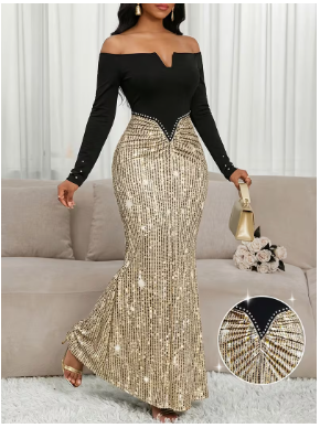 Women'S Off-The-Shoulder Sleeve Waist Pearl Fishtail Long Dress