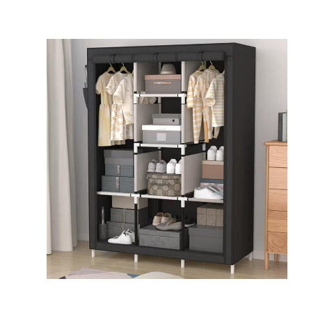 Portable wardrobe organizer with 6 storage shelves, 2 hanging sections, and 4 side pockets