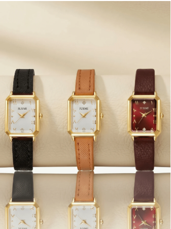 JUSMI Retro Square Leather Watch For Women, 3 Colors Luxury Quartz Wristwatch With Diamond Index, Versatile For Daily Wear, Perfect Mother's Day Gift 3pcs/Set