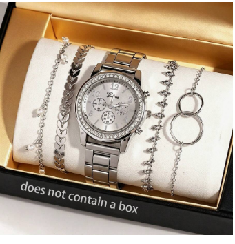 5pcs/Set Women's Alloy Steel Strap Quartz Watch, Fashion Casual Classic Arabic Numeral Dial Quartz Watch With Diamond Bracelet Jewelry Set, Suitable For Daily Wear, Decoration, Gift For Friends Or Holiday Gift