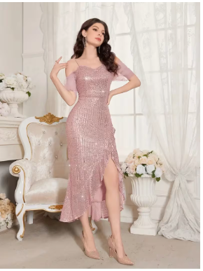 Pink Sequin Strappy Off-shoulder Slit Mermaid Dress, Exuding Elegant Charm in a Light Luxury Socialite Style for Evening Banquets. An Elegant and Fashionable Women's Formal Party Dress