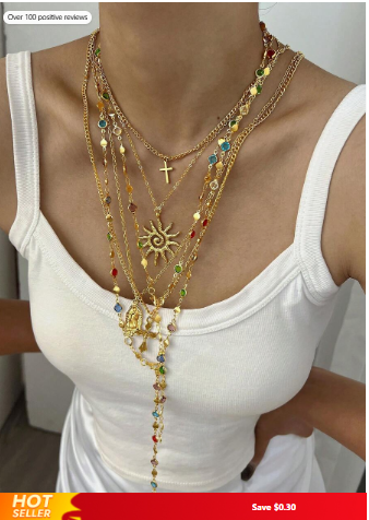 7-4pcs Vintage Elegant Fashion Hip Hop Retro Coin Rhinestone Bling Bling Colorful Crystal Rhinestone Portrait Cross Flower Sun Heart Faux Pearl Tassel Long Necklace Set, Personalized Exaggerated Unique Multi-Piece Layered Y-Necklace Choker Sweater Chain S