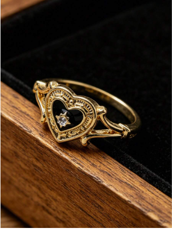 Vintage Bohemian Heart Gold Ring Love Black Enamel Heart & Rhinestone Star Finger Wedding Promise Rings Whimsigoth Charms Gothic Jewelry Accessories
