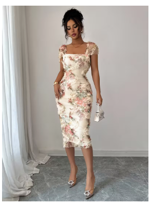 Elegant and Romantic Women's Midi Dress with Mesh Floral Print dress