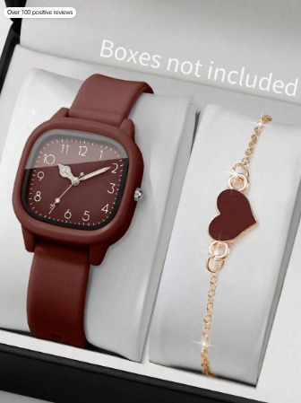 2pcs Women's Quartz Watch Set, Including 1pc Brown Silicone Strap Quartz Watch With Square Dial And Arabic Numerals, And 1pc Burgundy Heart-Shaped Rose Gold Chain Bracelet