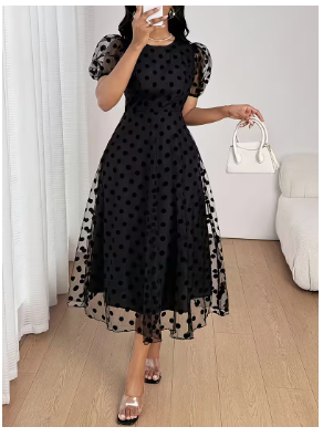 Women's Elegant A-Line Bell Short & Long Dress - Solid Black Round Neck Short/Long Length Dress